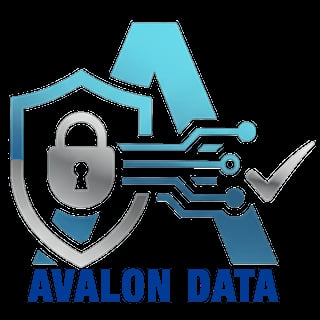 Avalon Data logo featuring a shield with padlock, circuit lines, checkmark, and stylized letter A in cyan and blue